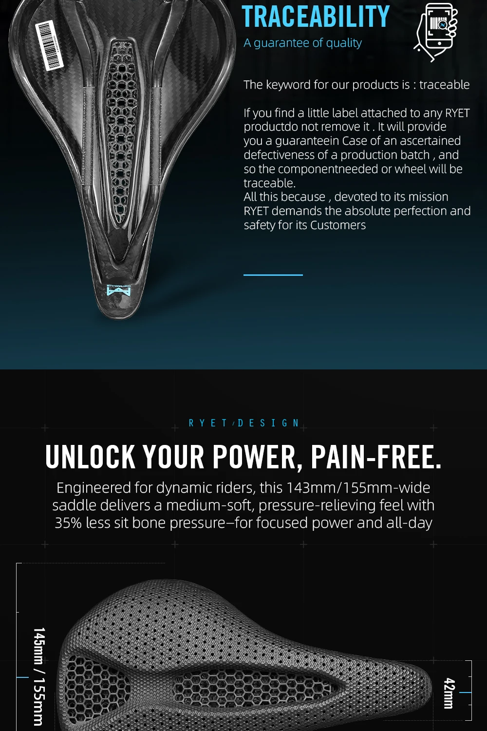 RYET 3D Printed Bike Saddle 145MM/155mm 7*9 Carbon mtb Bicycle Seating Cushion Triathlon Road MTB Mountain Gravel Cycling Parts