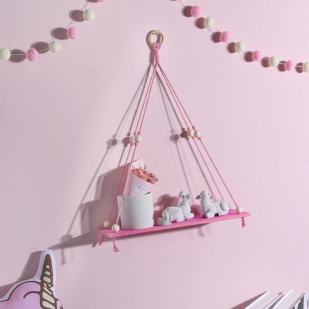 1/2-Tier Pink Hemp Rope Wooden Plant Flower Pot Tray Display Stand Storage Rack Wall Shelves Floating Wall Shelf Home Decoration