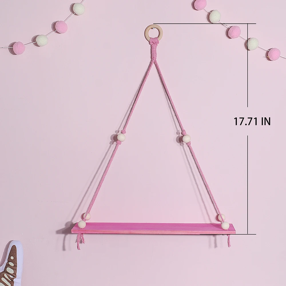 1/2-Tier Pink Hemp Rope Wooden Plant Flower Pot Tray Display Stand Storage Rack Wall Shelves Floating Wall Shelf Home Decoration