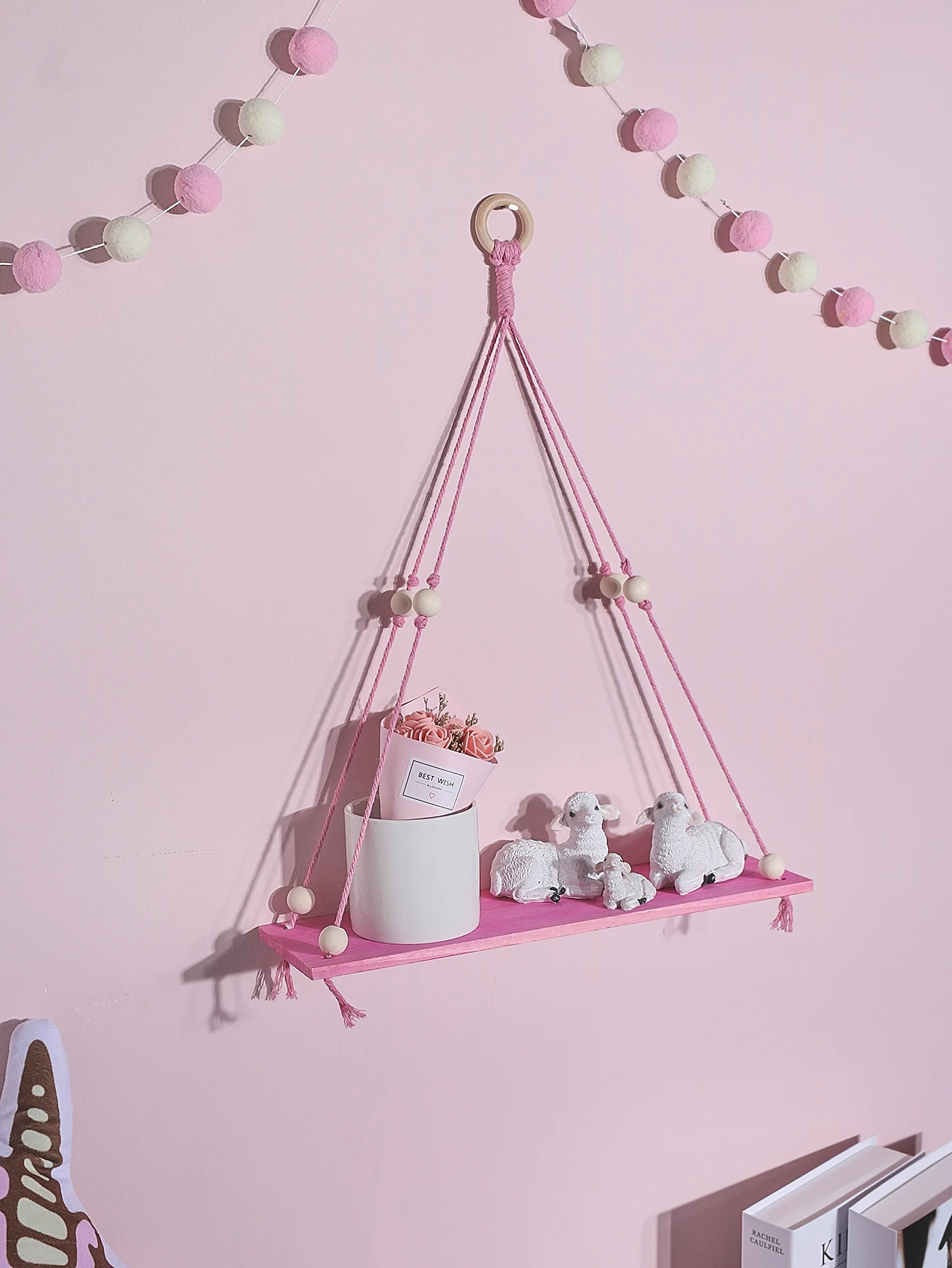 1/2-Tier Pink Hemp Rope Wooden Plant Flower Pot Tray Display Stand Storage Rack Wall Shelves Floating Wall Shelf Home Decoration
