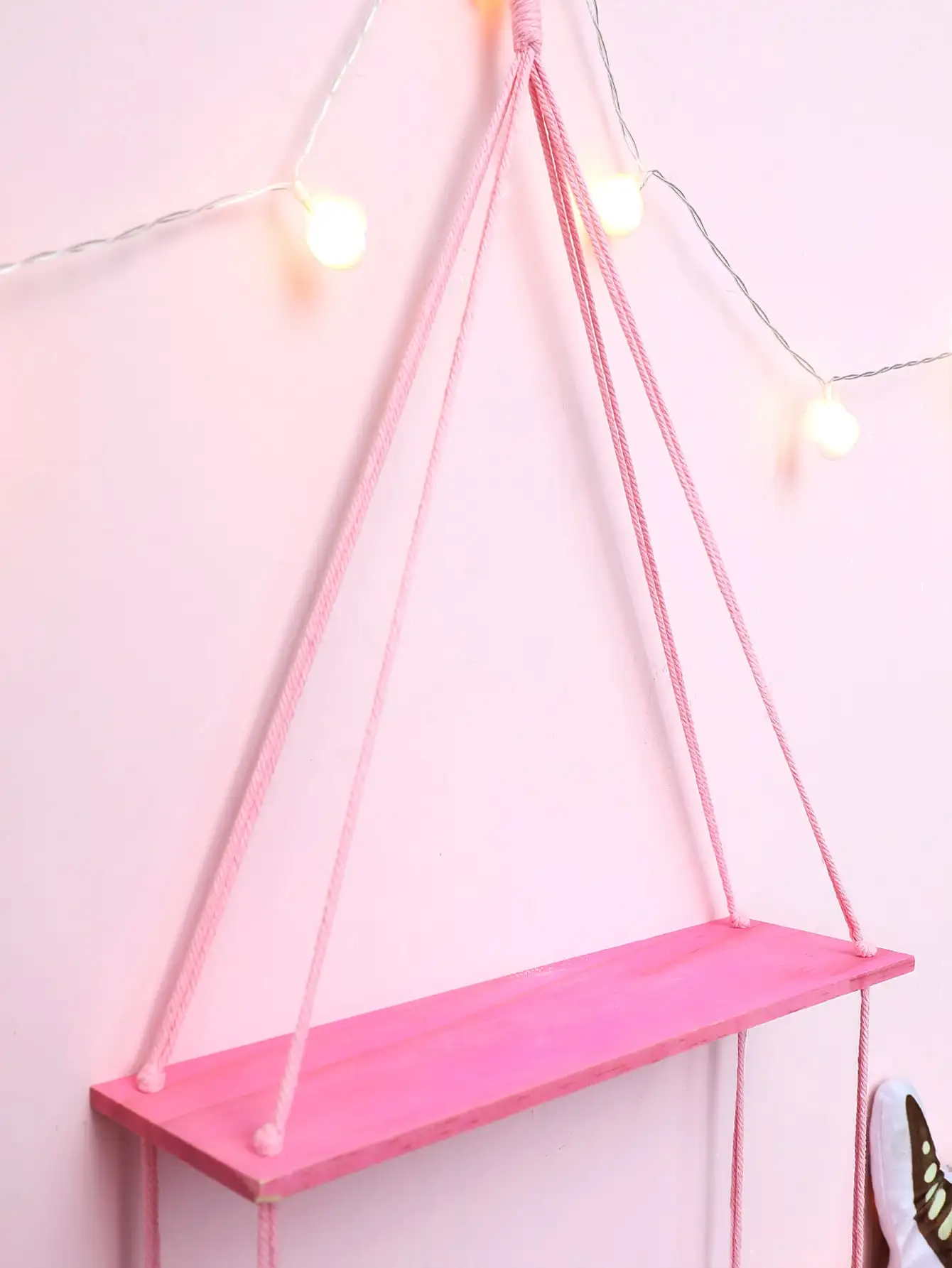 1/2-Tier Pink Hemp Rope Wooden Plant Flower Pot Tray Display Stand Storage Rack Wall Shelves Floating Wall Shelf Home Decoration