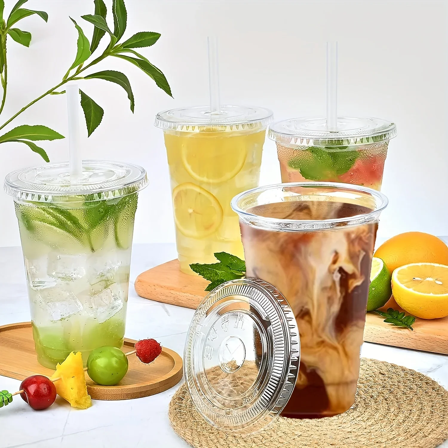50pcs/Set 12/16OZ Plastic Cups With Lids Disposable Cups For Iced Coffee Smoothie Milkshake Cold Drinks Birthday Party Supplies
