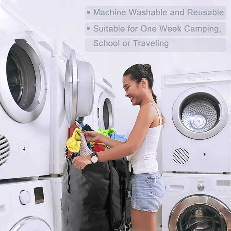 Backpack Laundry Bag with Pocket Laundry Hamper Bag with Drawstring Closure for College, Travel, Laundromat, Apartment