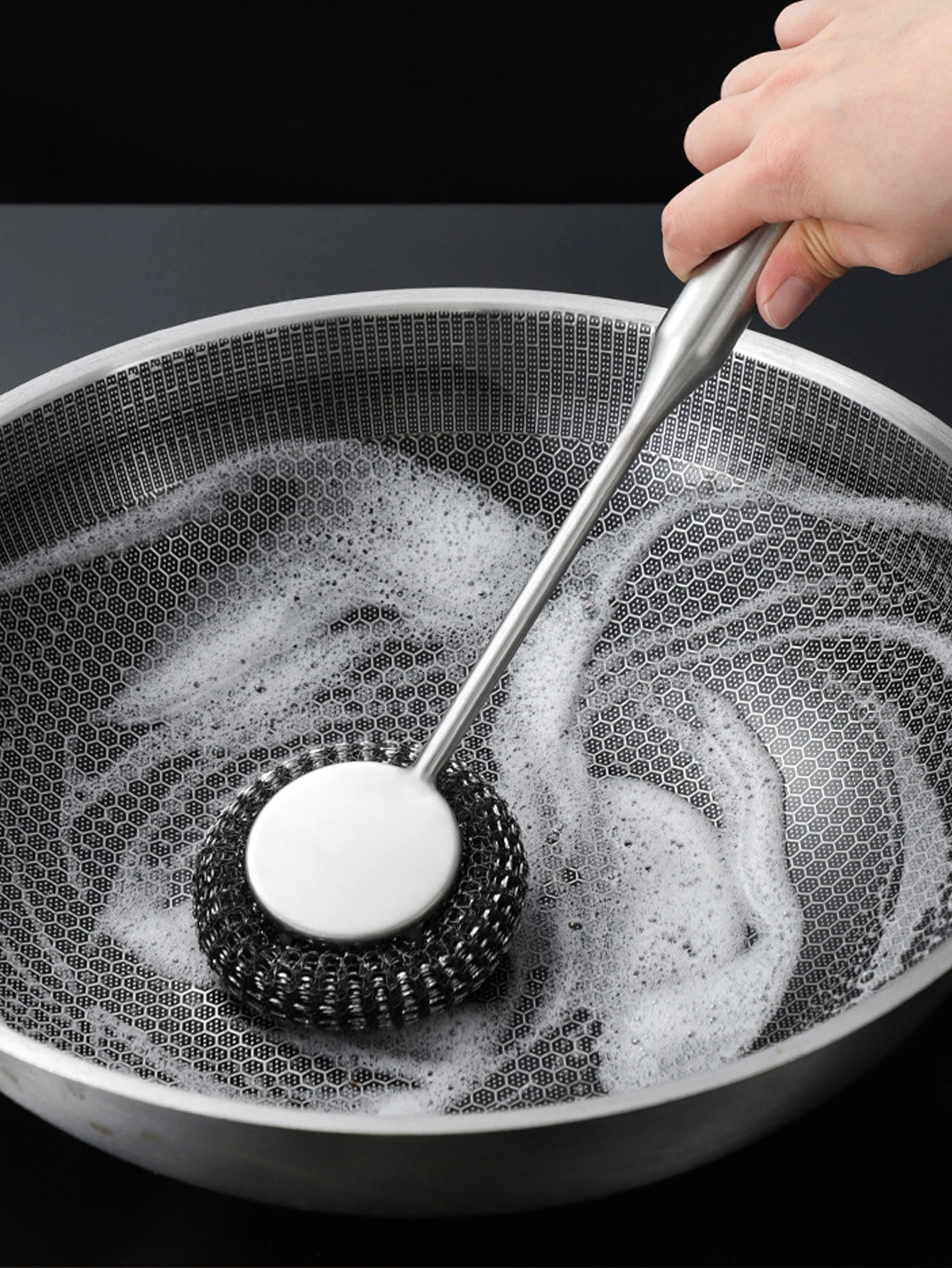 1PC Steel Wool Scrubber with Handle Stainless Steel Cleaning Brushes Cleaning Dishes Stock Pots Pans Griddles Grills