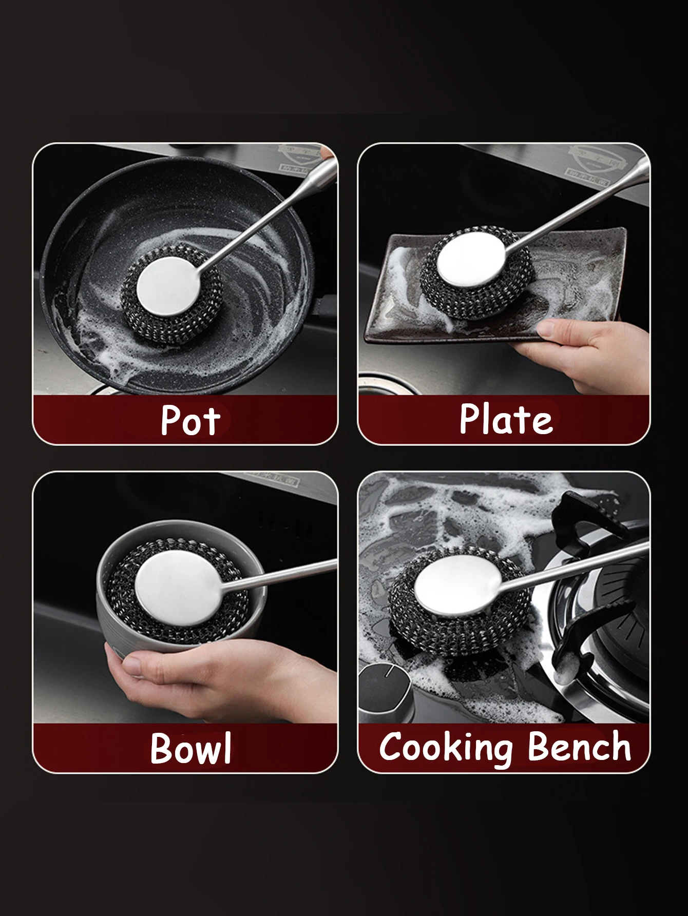 1PC Steel Wool Scrubber with Handle Stainless Steel Cleaning Brushes Cleaning Dishes Stock Pots Pans Griddles Grills