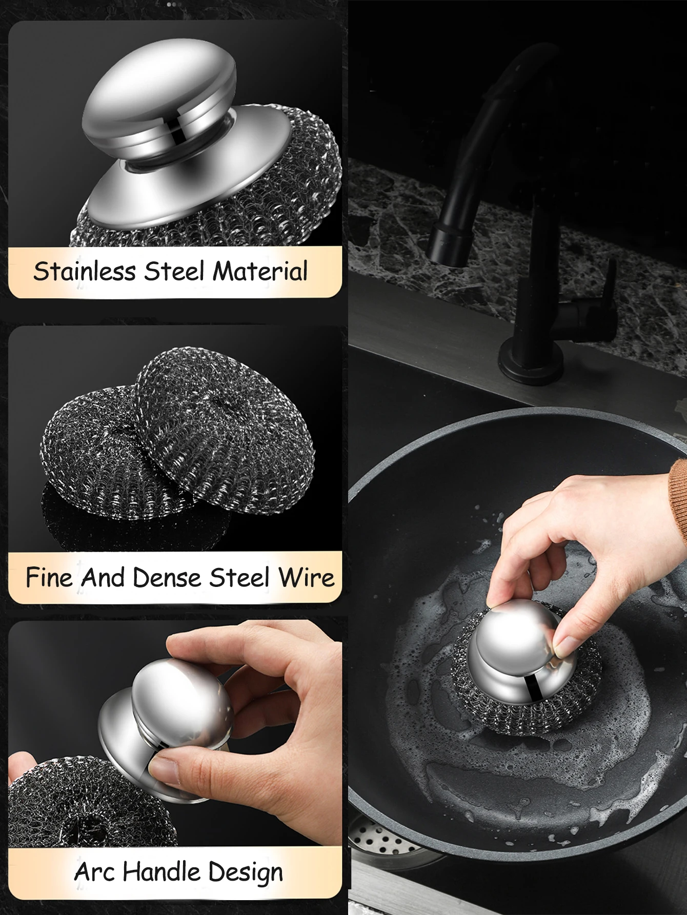 1PC Steel Wool Scrubber with Handle Stainless Steel Cleaning Brushes Cleaning Dishes Stock Pots Pans Griddles Grills