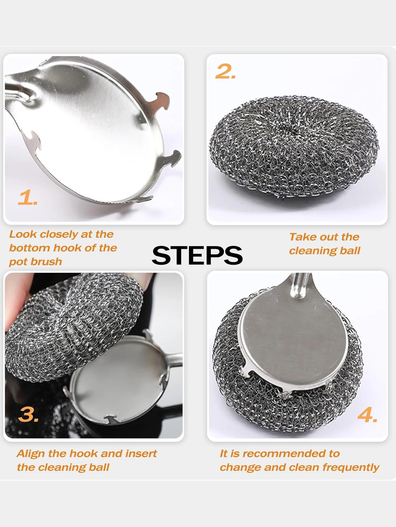 1PC Steel Wool Scrubber with Handle Stainless Steel Cleaning Brushes Cleaning Dishes Stock Pots Pans Griddles Grills