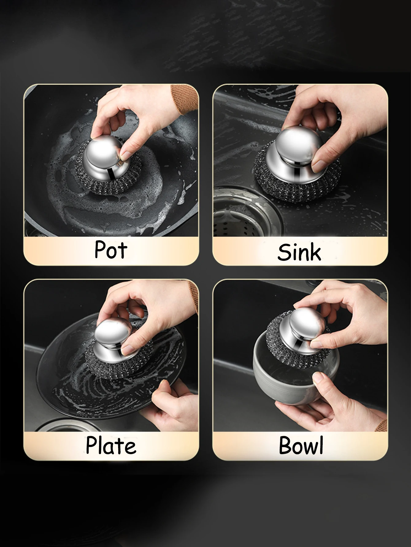 1PC Steel Wool Scrubber with Handle Stainless Steel Cleaning Brushes Cleaning Dishes Stock Pots Pans Griddles Grills