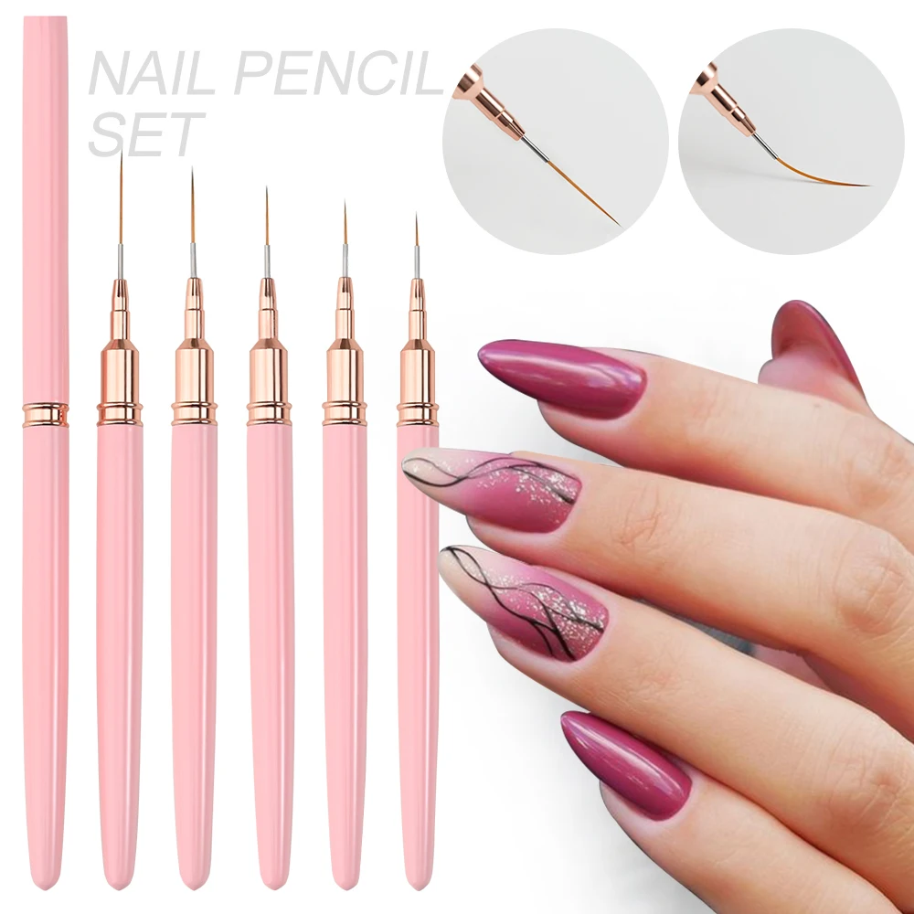 7/10/12/15/20m Pink French Nail Art Liner Painting Brush 5Pcs/set Ultra-thin Elongated Lines Nail Drawing Pen Brush DIY Manicure
