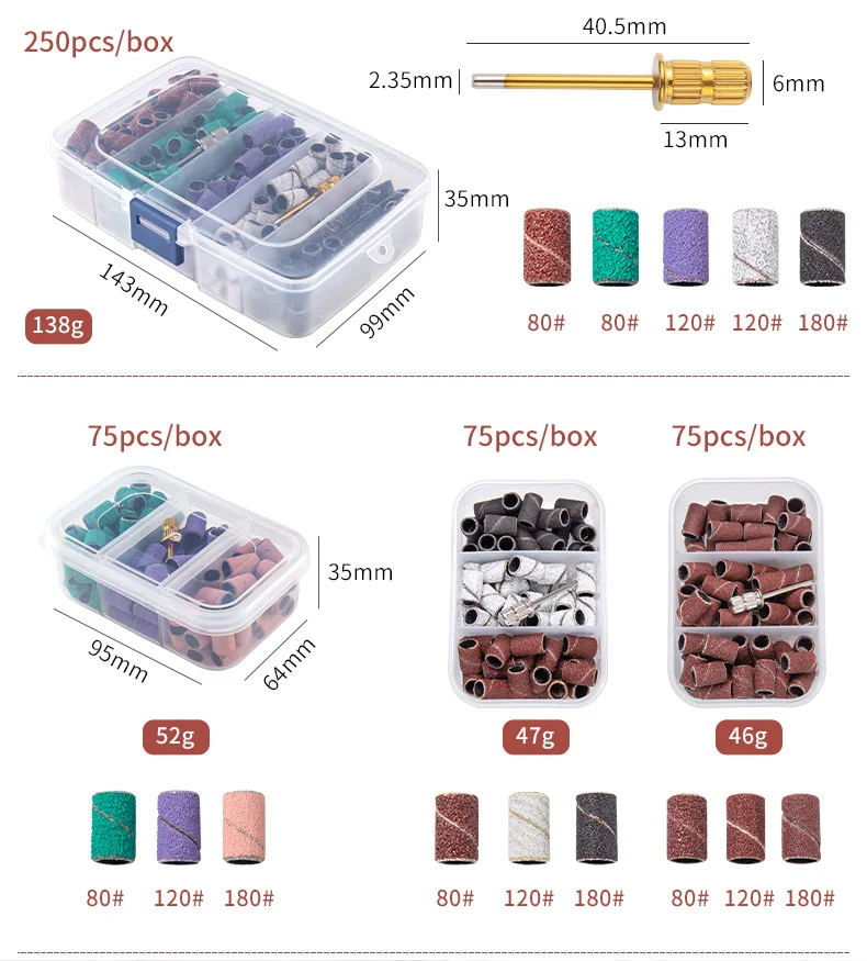 Boxed Nail Sanding Bands With Mandrel Drill Bits for Electric Machine File Grinder Sand Band Set Acrylic Nails Gel Polish Remove