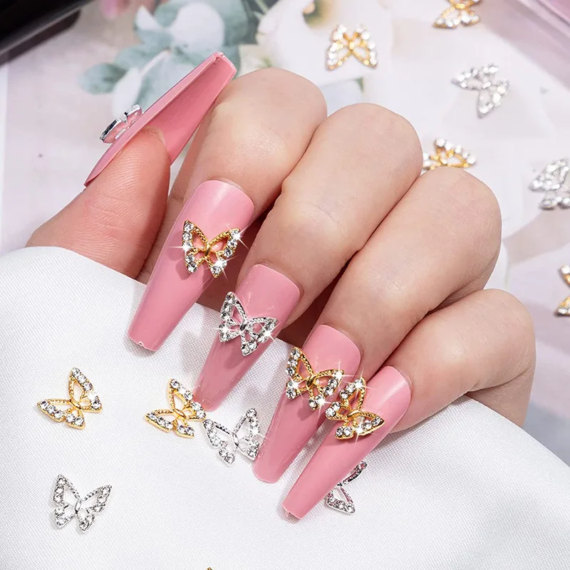10Pcs 3D Crystal Butterfly Nail Charms Hollow Shape with Rhinestones for DIY Nail Art Decorations 8*8.5mm Shiny Butterfly Gems 9