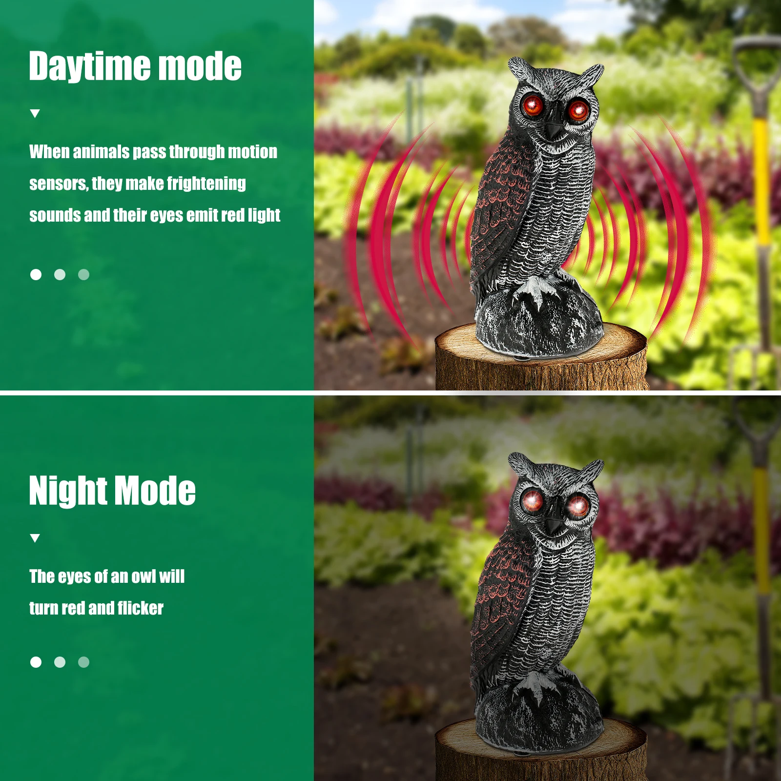 Realistic Solar Fake Owl Decoy Plastic Owl Scarecrow Sculpture with Red Flashing Eyes and Sound For Garden Yard Scare Birds Away