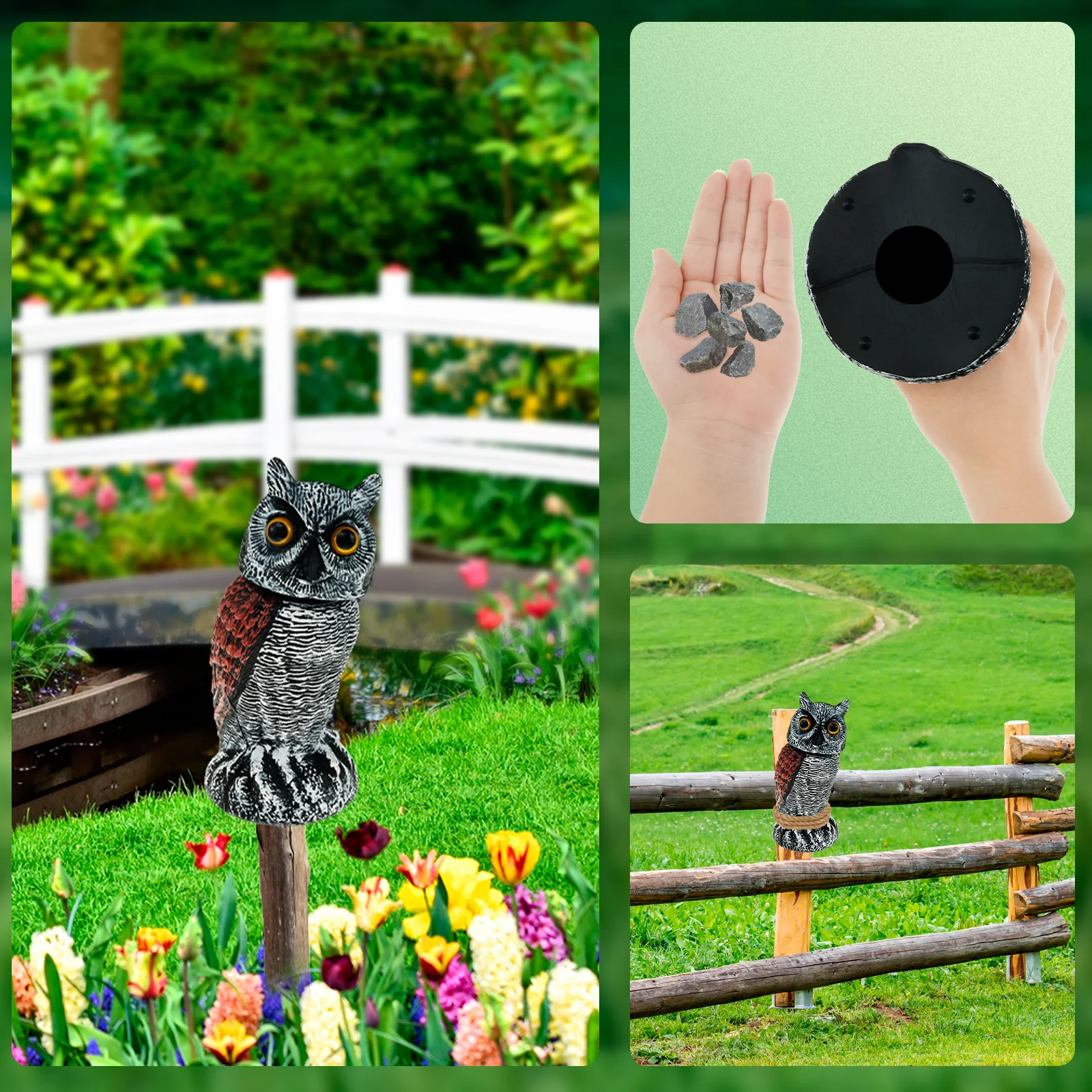 Realistic Solar Fake Owl Decoy Plastic Owl Scarecrow Sculpture with Red Flashing Eyes and Sound For Garden Yard Scare Birds Away