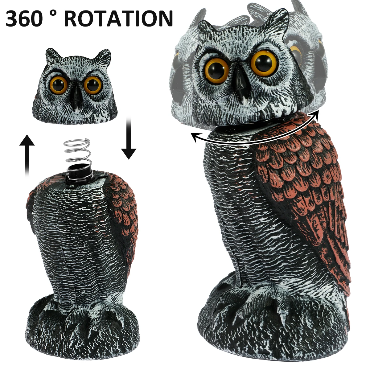 Realistic Solar Fake Owl Decoy Plastic Owl Scarecrow Sculpture with Red Flashing Eyes and Sound For Garden Yard Scare Birds Away