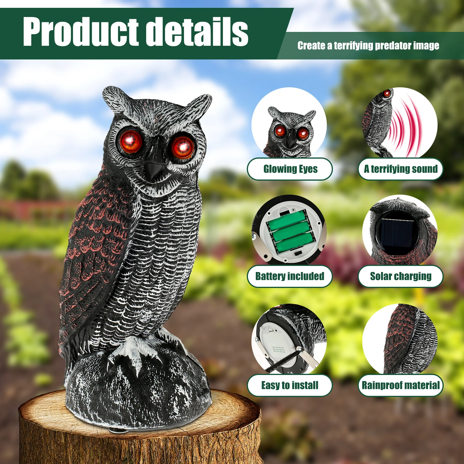 Realistic Solar Fake Owl Decoy Plastic Owl Scarecrow Sculpture with Red Flashing Eyes and Sound For Garden Yard Scare Birds Away