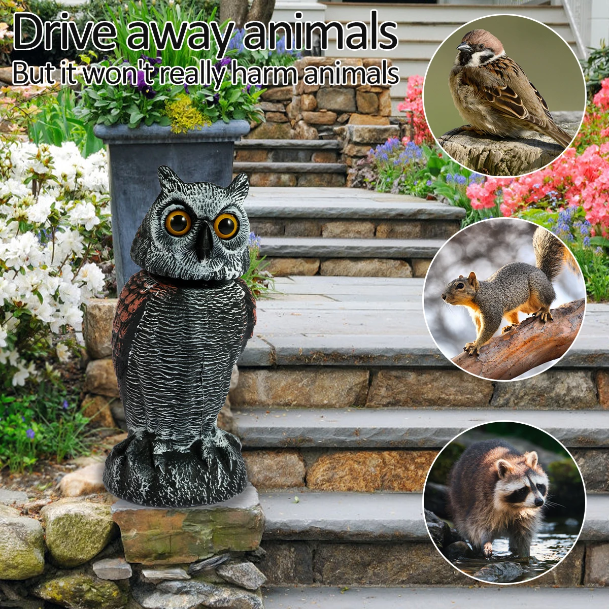Realistic Solar Fake Owl Decoy Plastic Owl Scarecrow Sculpture with Red Flashing Eyes and Sound For Garden Yard Scare Birds Away