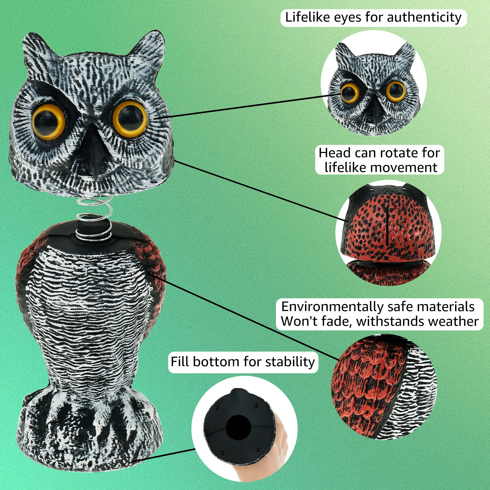 Realistic Solar Fake Owl Decoy Plastic Owl Scarecrow Sculpture with Red Flashing Eyes and Sound For Garden Yard Scare Birds Away