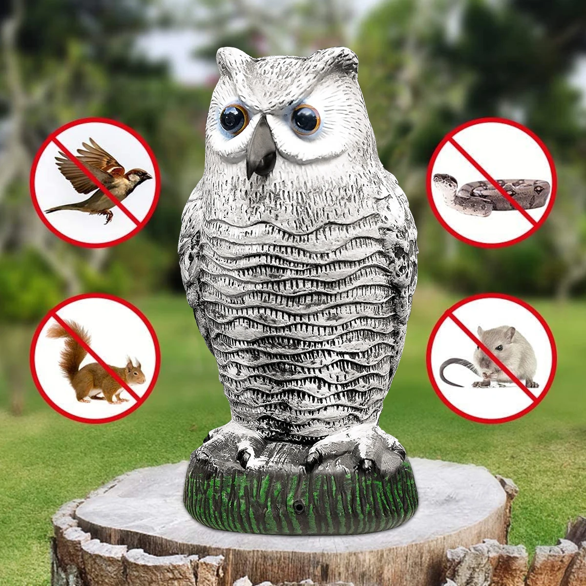 Realistic Solar Fake Owl Decoy Plastic Owl Scarecrow Sculpture with Red Flashing Eyes and Sound For Garden Yard Scare Birds Away