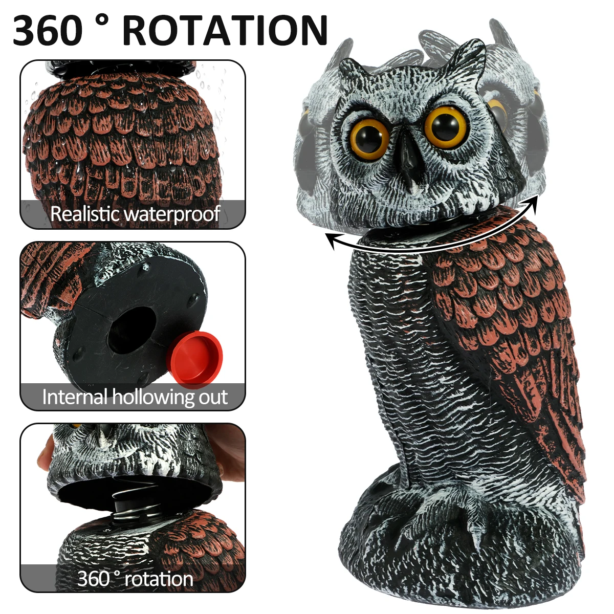 Realistic Solar Fake Owl Decoy Plastic Owl Scarecrow Sculpture with Red Flashing Eyes and Sound For Garden Yard Scare Birds Away