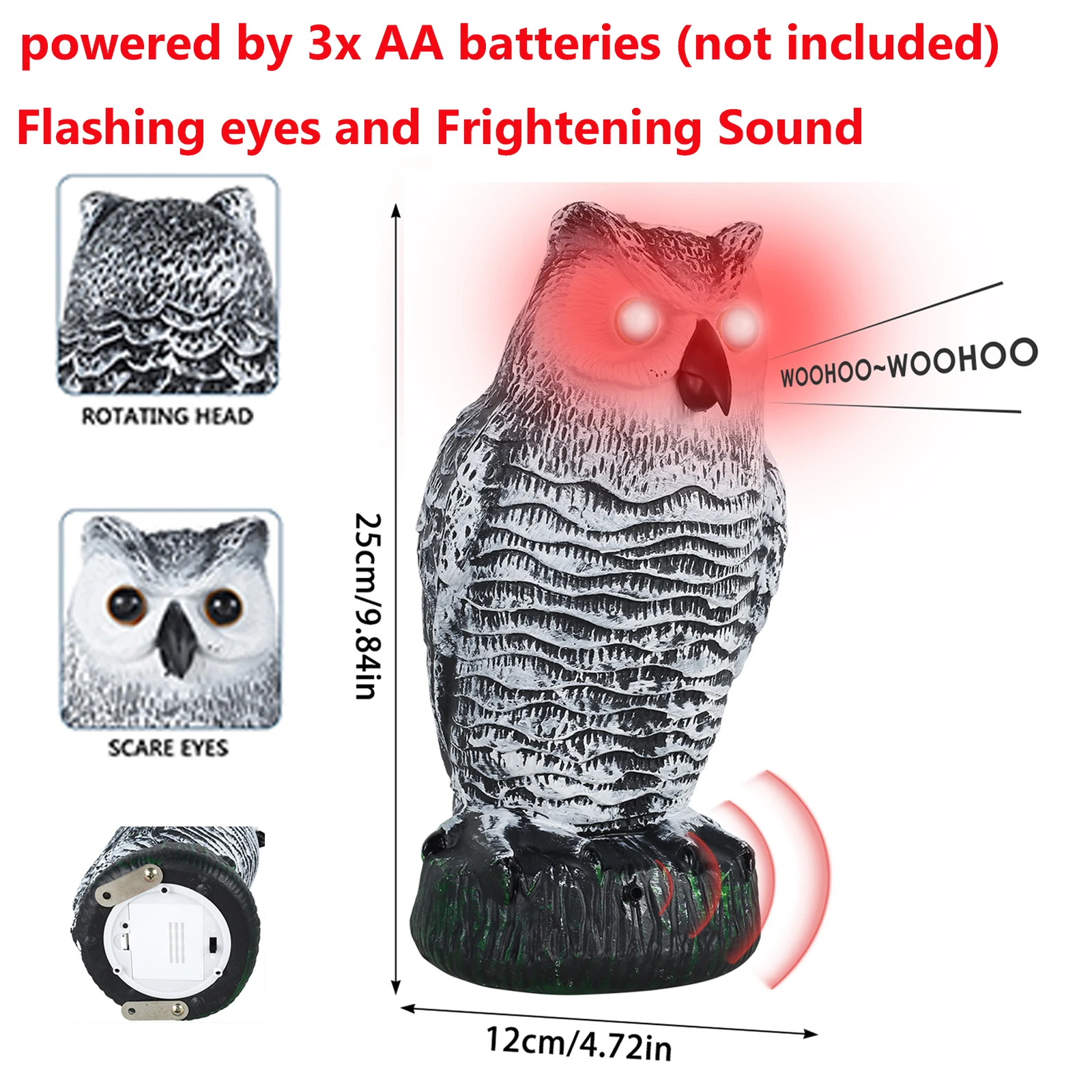 Realistic Solar Fake Owl Decoy Plastic Owl Scarecrow Sculpture with Red Flashing Eyes and Sound For Garden Yard Scare Birds Away