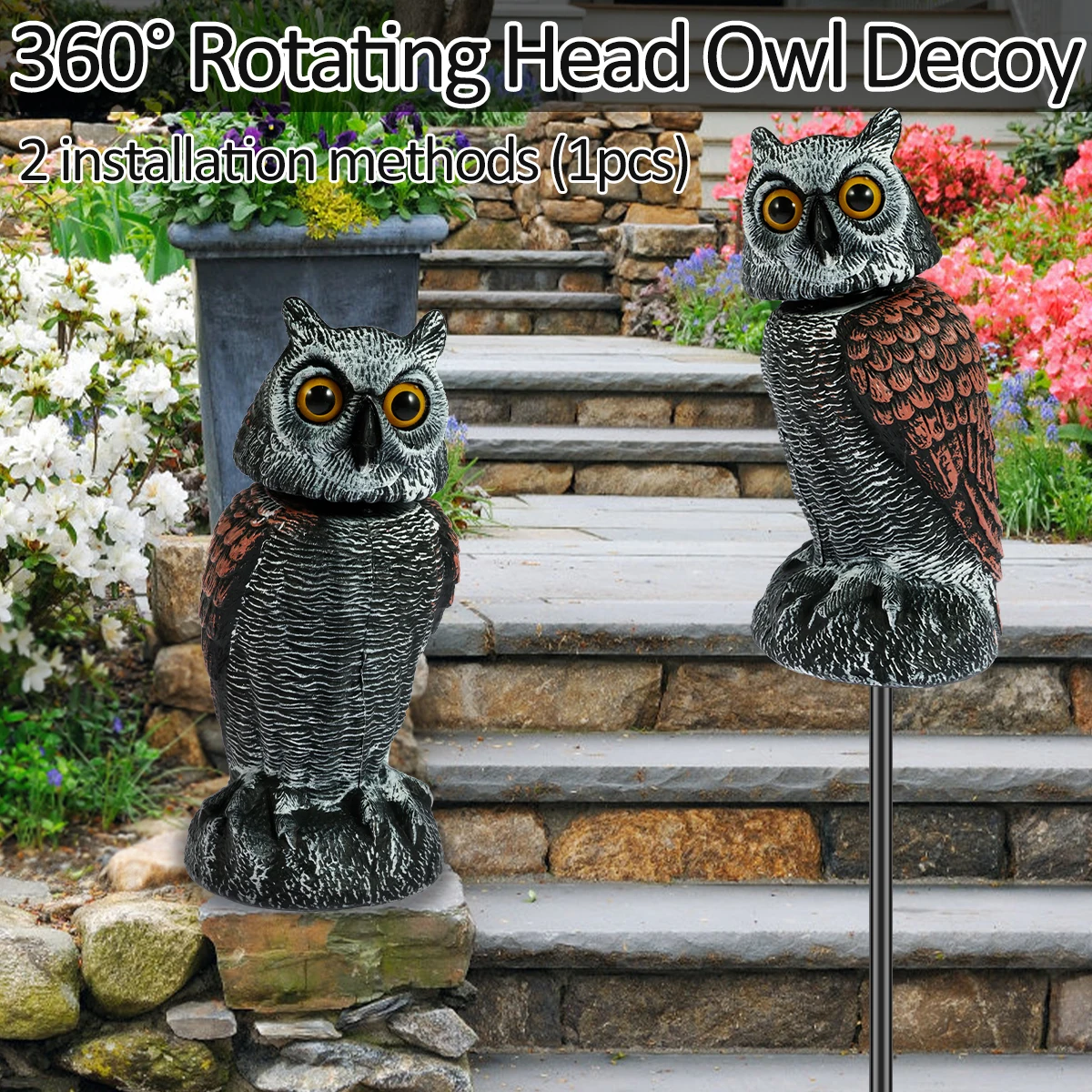 Realistic Solar Fake Owl Decoy Plastic Owl Scarecrow Sculpture with Red Flashing Eyes and Sound For Garden Yard Scare Birds Away