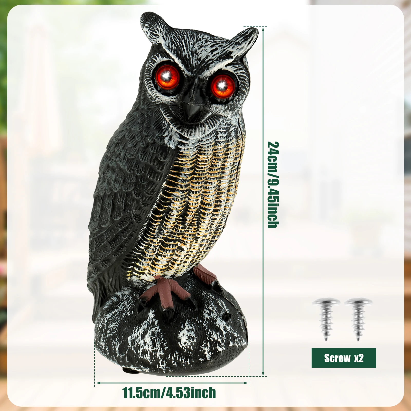 Realistic Solar Fake Owl Decoy Plastic Owl Scarecrow Sculpture with Red Flashing Eyes and Sound For Garden Yard Scare Birds Away