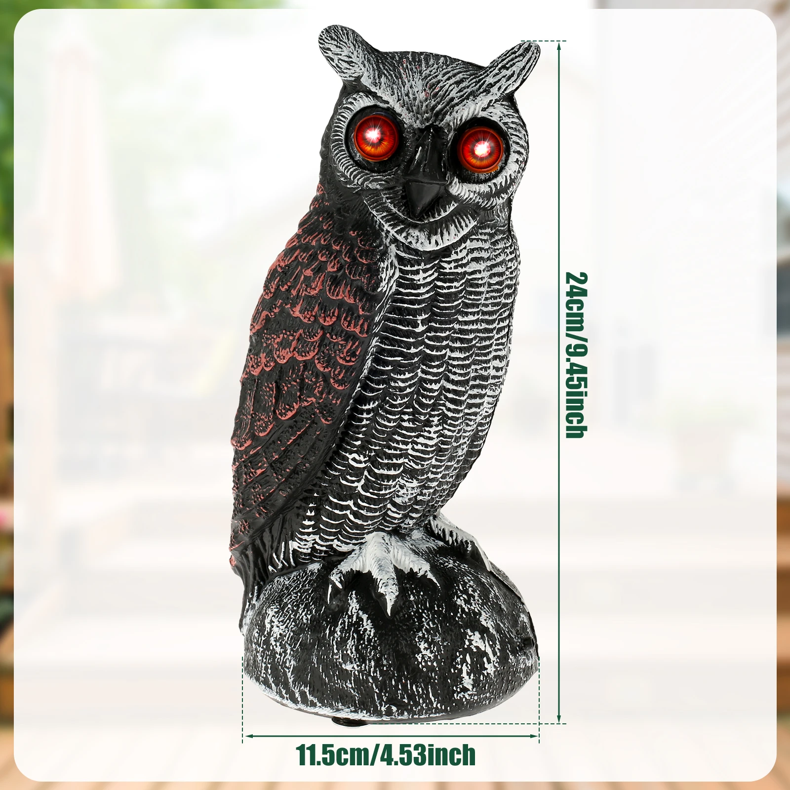 Realistic Solar Fake Owl Decoy Plastic Owl Scarecrow Sculpture with Red Flashing Eyes and Sound For Garden Yard Scare Birds Away
