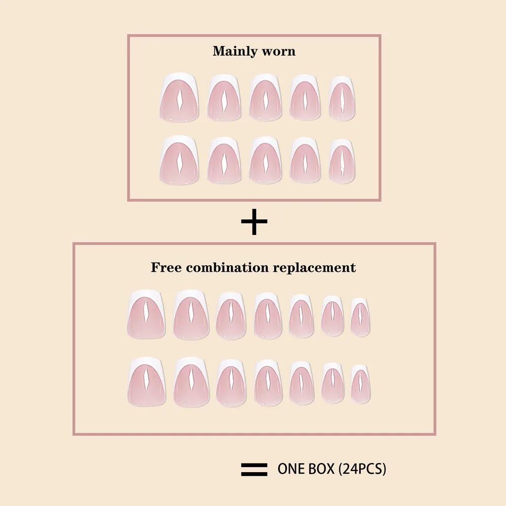 Fashion Trend Women Girls 24Pcs/Set Short Ballet Pink French White Border Full Coverage Wearable Fake Nail Press on Nail Art