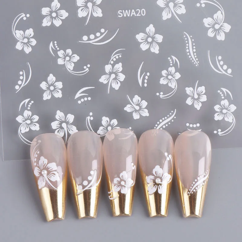 5D Hibiscus Flower Nail Embossed Sticker Acrylic Pink White Gold Petal Leaf Adhesive Decal Butterfly Dragon Floral Elegant Decor