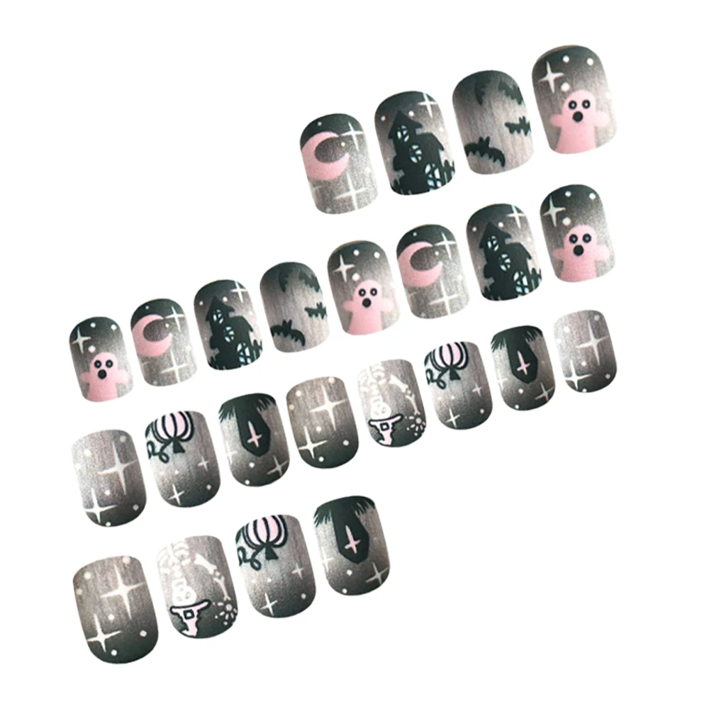 24 pieces of short square fake nails, featuring a halo dyed gradient heart and a colorful French design in European and American