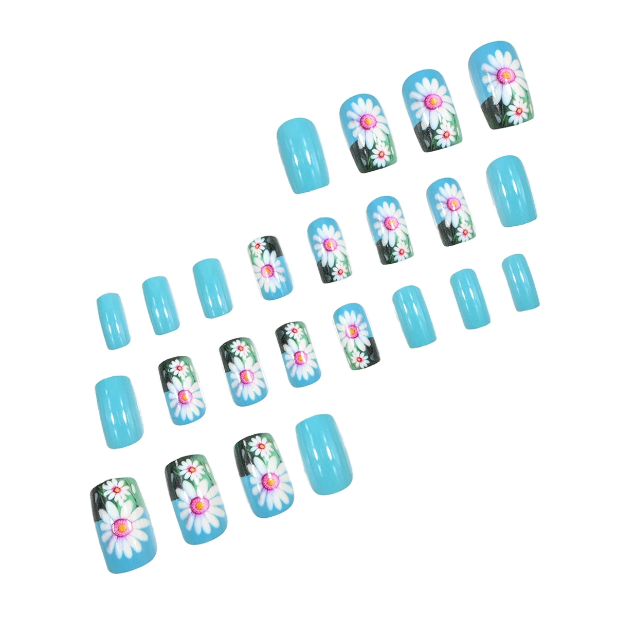 24 pieces of short square fake nails, featuring a halo dyed gradient heart and a colorful French design in European and American