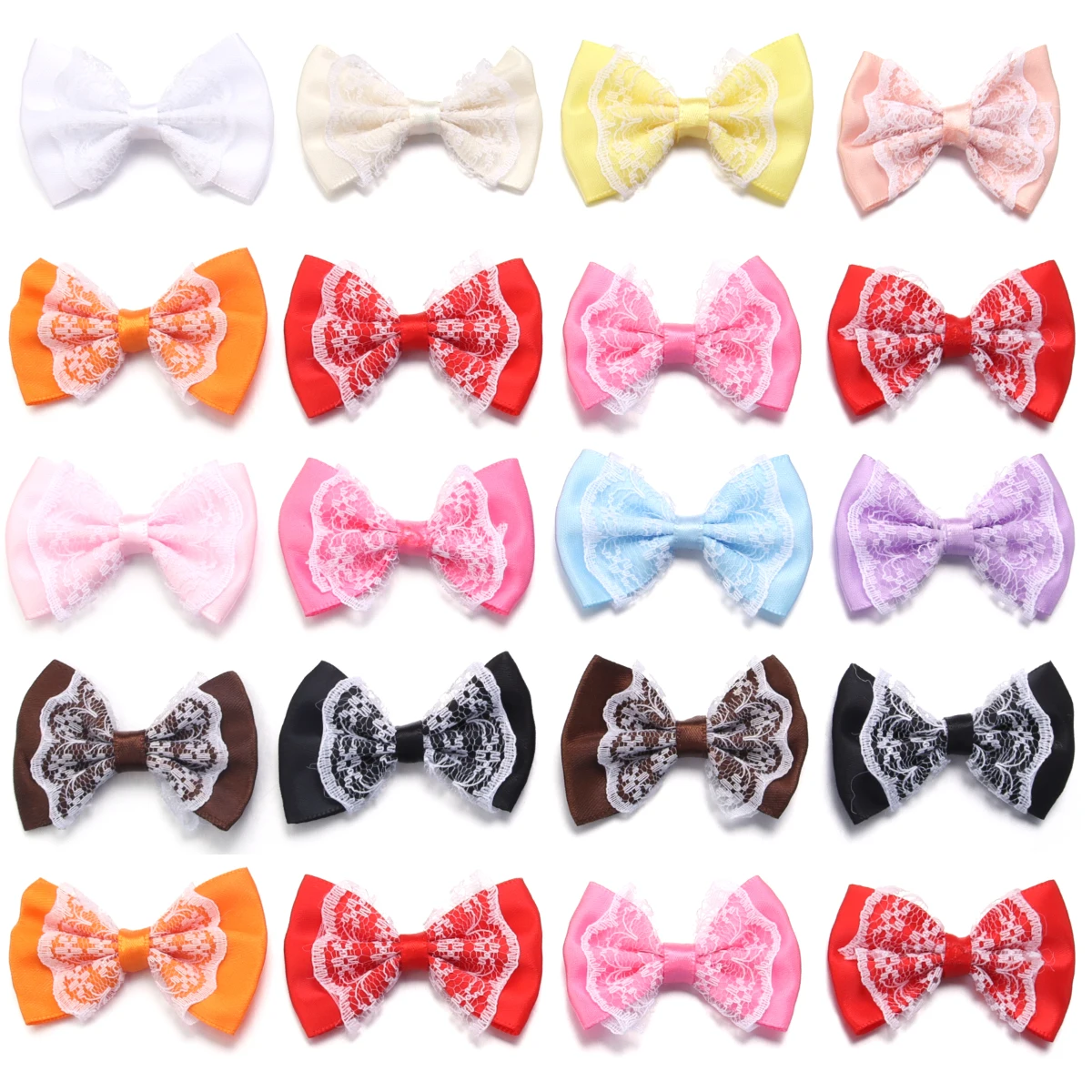 20pcs 3.5x5.7cm Polyester Ribbon Bow Colourful Lace Satin Bows Double Layers for DIY Sewing Crafts Garment Headwear Decoration
