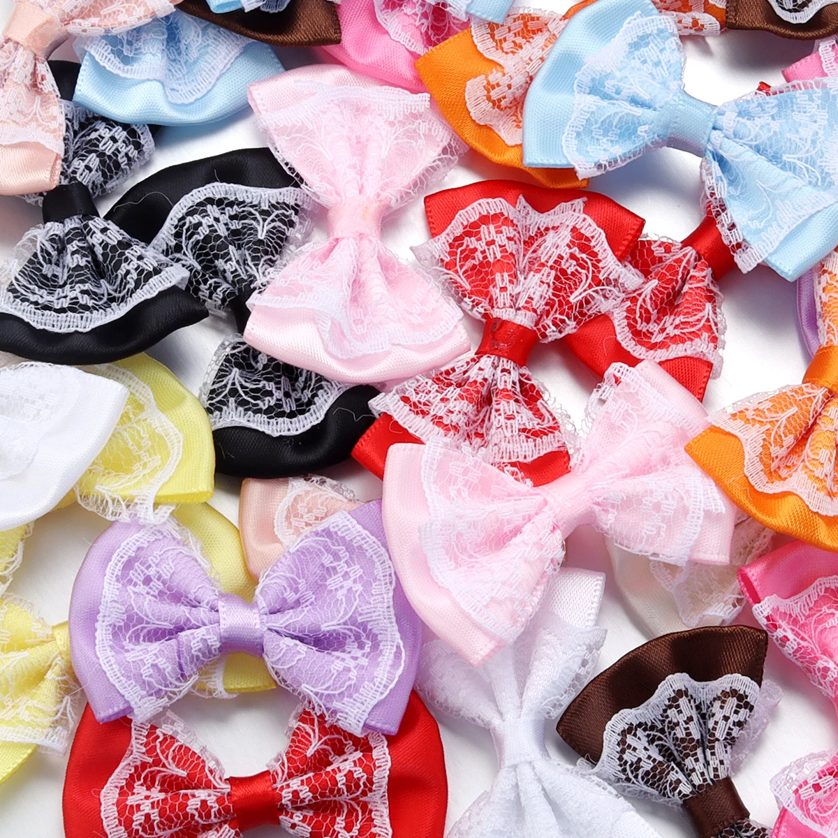 20pcs 3.5x5.7cm Polyester Ribbon Bow Colourful Lace Satin Bows Double Layers for DIY Sewing Crafts Garment Headwear Decoration