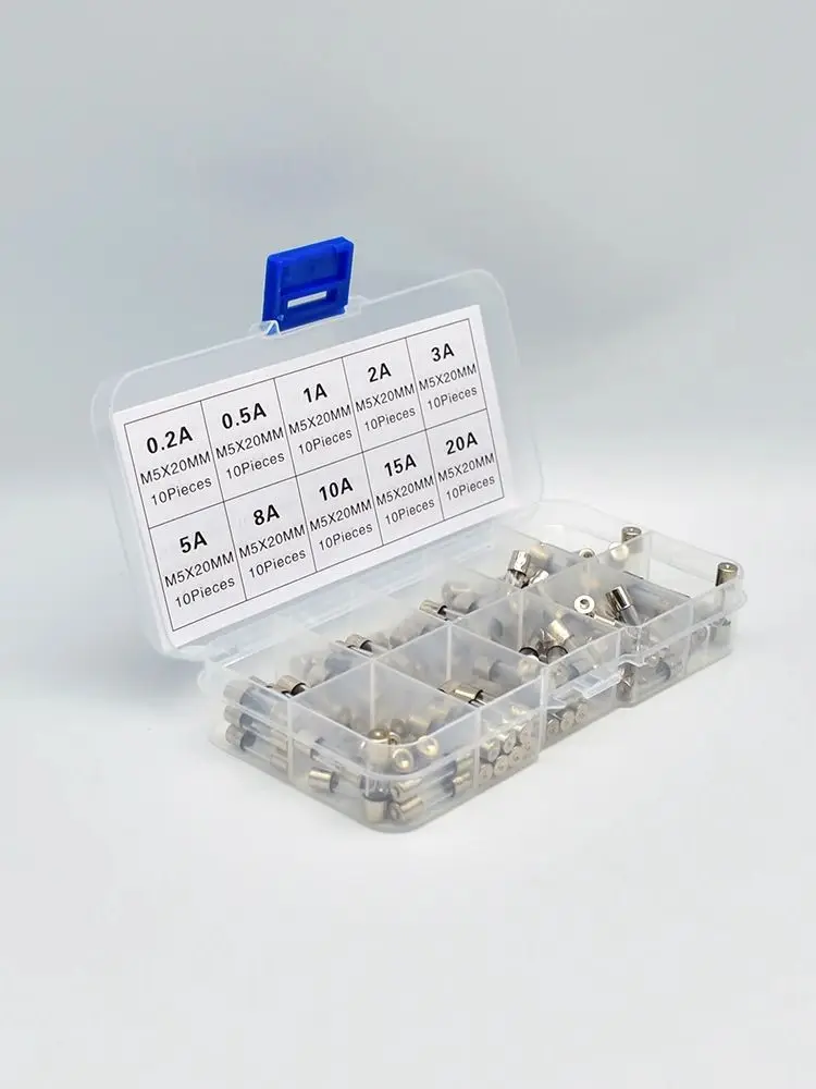 100pcs 5x20mm Quick Blow Glass Tube Fuse Assorted Kit Amp 0.2A 0.5A 1A 2A 3A 5A 8A 10A 15A 20A 250V with Storage Box