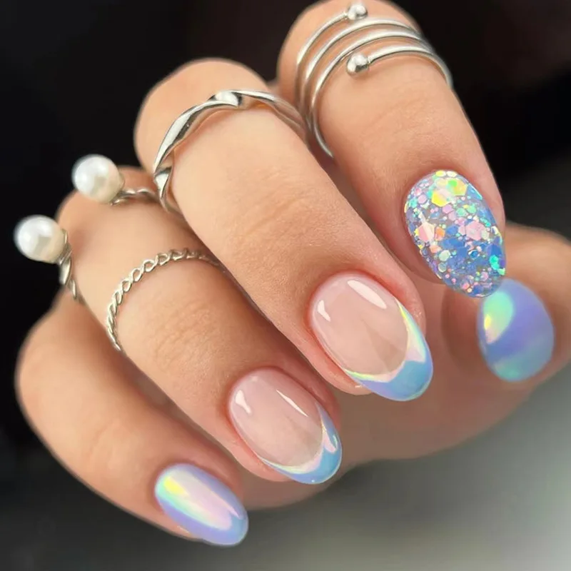 24Pcs Mid-length French Fake Nail with Silver Edge Design Round Head Almond False Nail Wearable Simple Finished Press on Nails