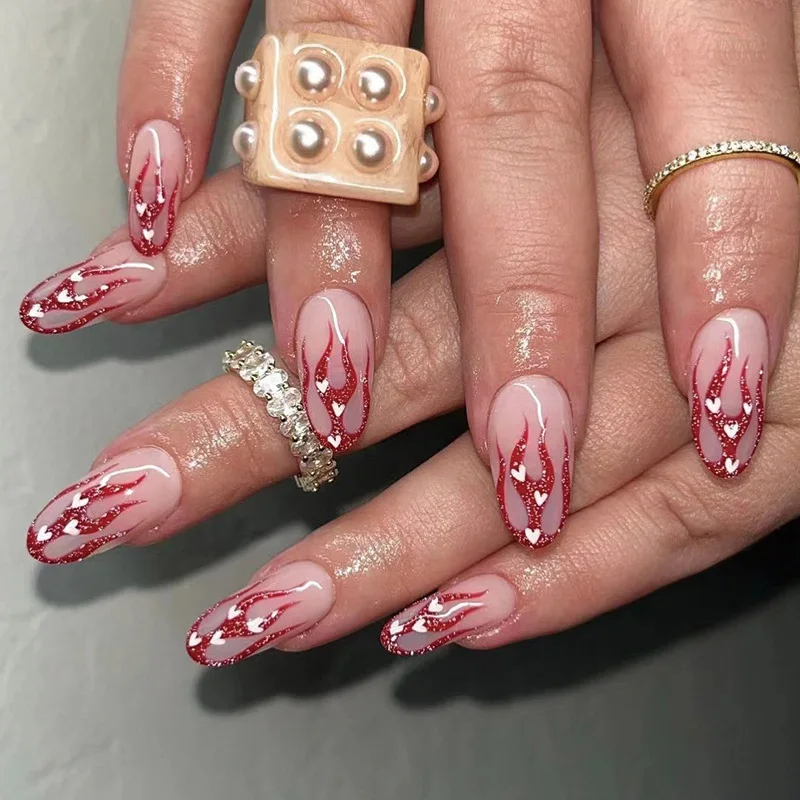 24Pcs Mid-length French Fake Nail with Silver Edge Design Round Head Almond False Nail Wearable Simple Finished Press on Nails