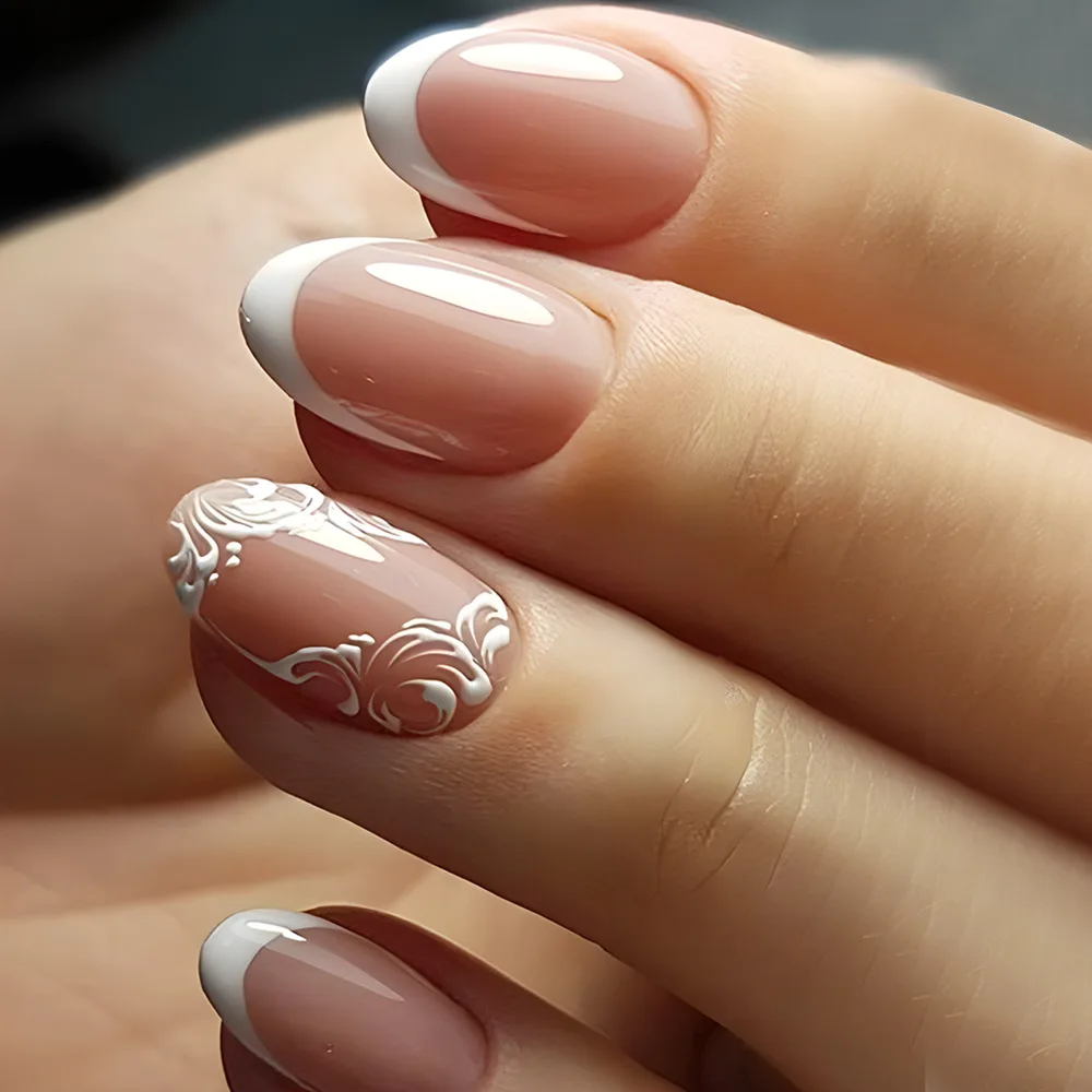 24Pcs Mid-length French Fake Nail with Silver Edge Design Round Head Almond False Nail Wearable Simple Finished Press on Nails