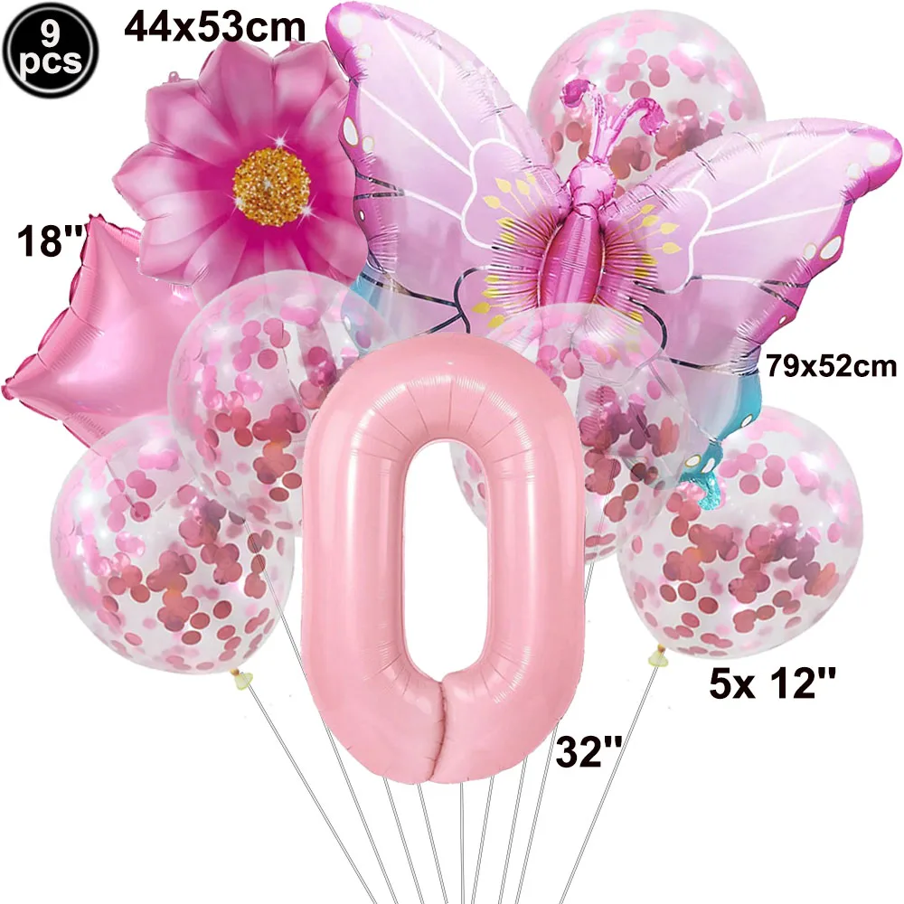 1set Pink Butterfly Balloons 32inch Number Balloon Set Happy Birthday Butterfly Foil Balloon Baby Shower Birthday Party Decors
