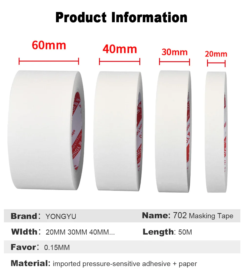 15M/50M Masking Tape White 10mm-50mm Single Side Tape Adhesive Crepe Paper for Oil Painting Sketch Drawing Supplies Car Paintin