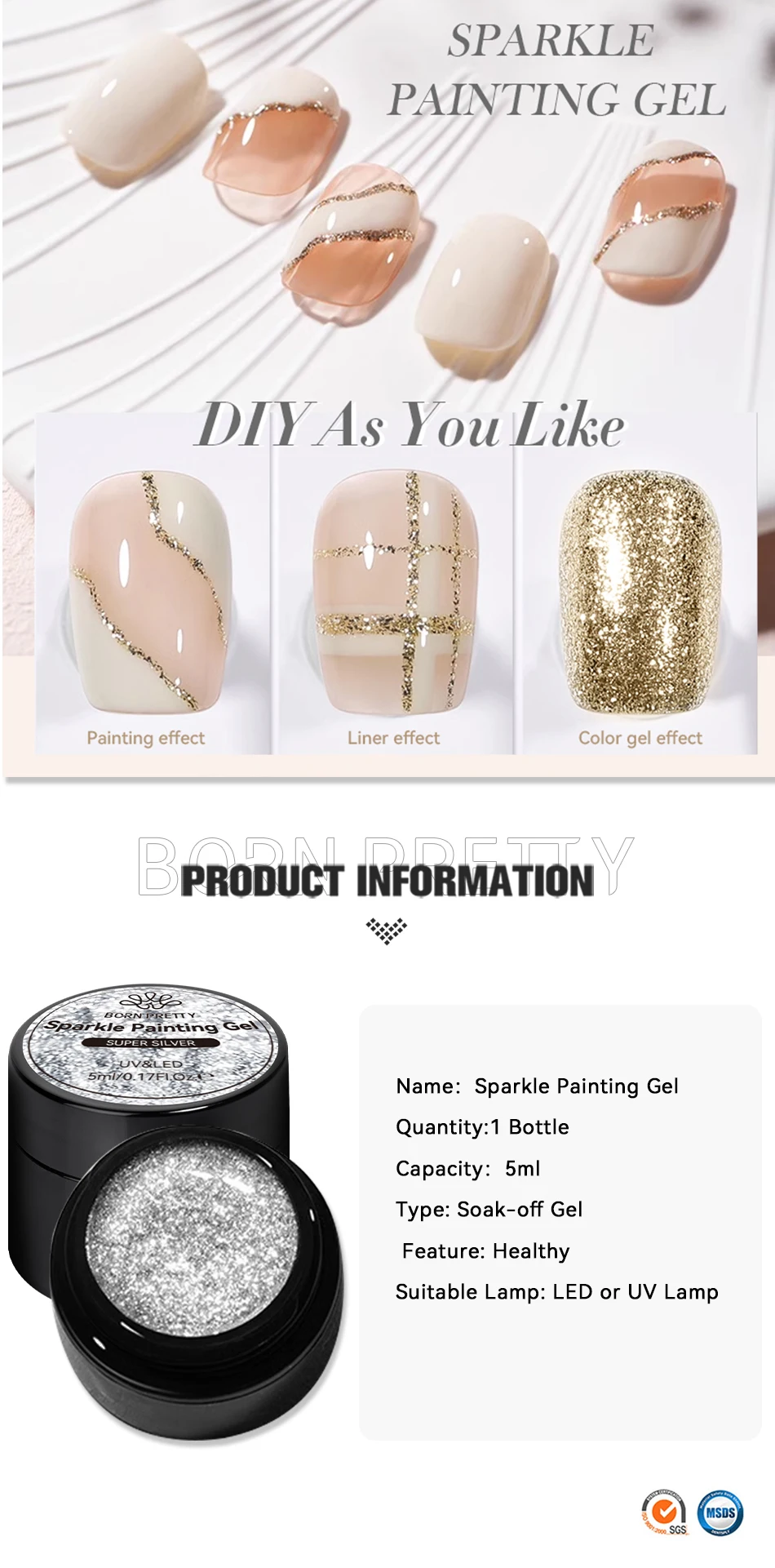 BORN PRETTY 5ml Super Sparkling Painting Gel Nail Polish Platinum Silver Gold Rose Glitter Graffiti Stripe Pull Line Nail UV Gel