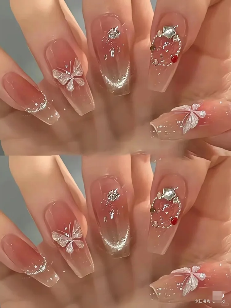 Pink Purple Aurora Shell Butterfly Nail Stickers Shiny Laser 3D Butterflies Nail Decals 8*10cm Adhesive Aurora Shell Butterfly N