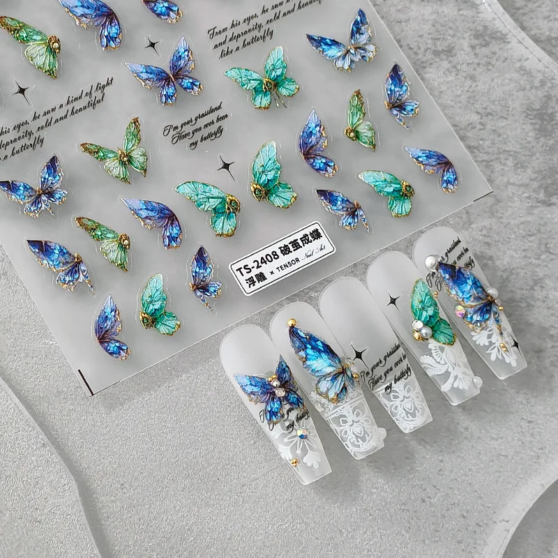 Pink Purple Aurora Shell Butterfly Nail Stickers Shiny Laser 3D Butterflies Nail Decals 8*10cm Adhesive Aurora Shell Butterfly N