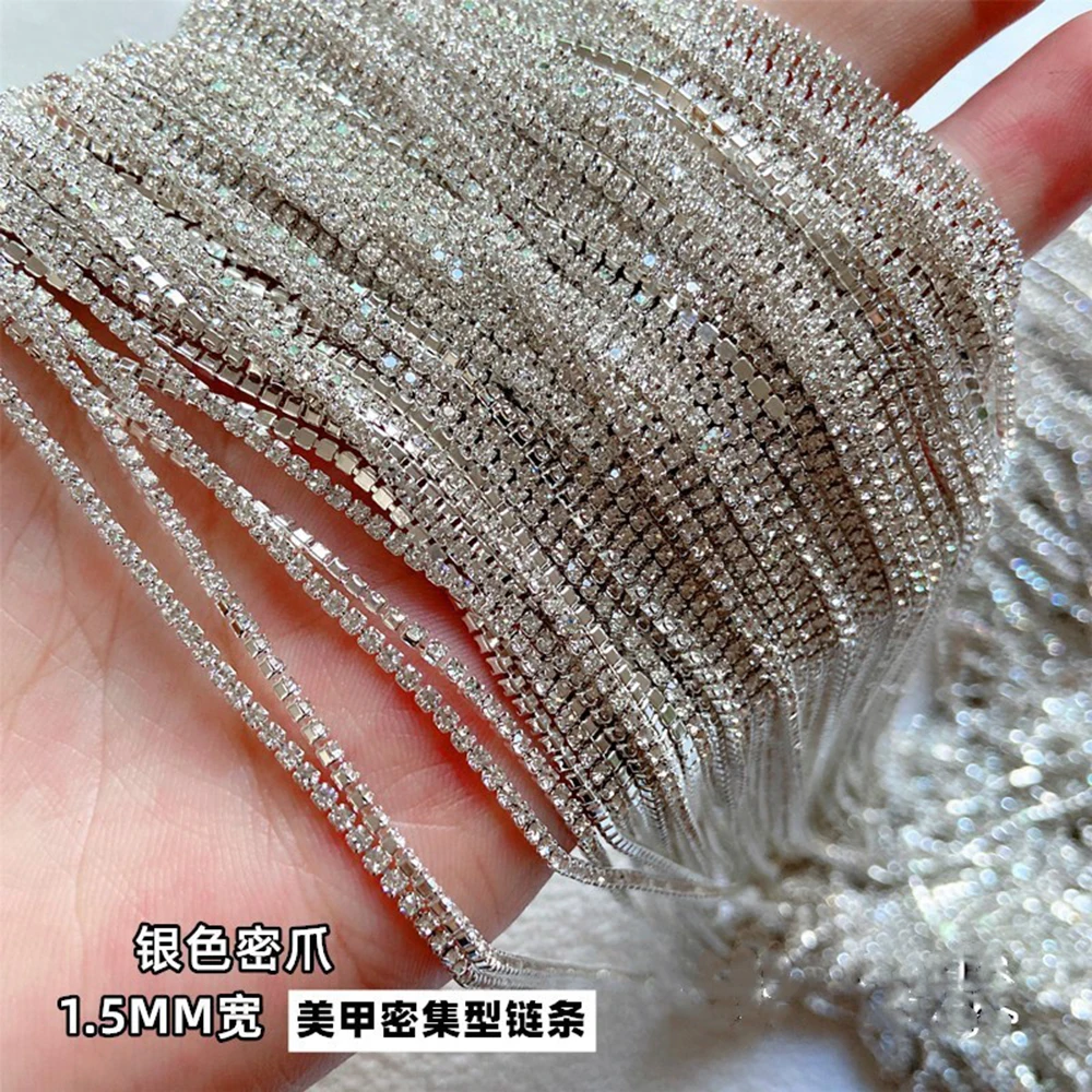 100/50cm Long Luxury Crystal Chain Nail Charms 1.5/2mm Shinying Clear/AB Diamond Nail Art Metal Steel French Manicure Crystal