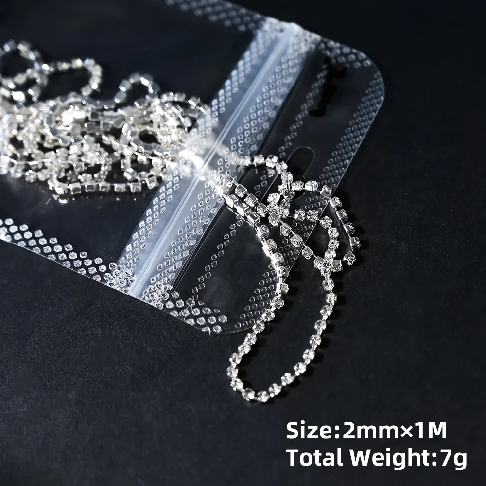 100/50cm Long Luxury Crystal Chain Nail Charms 1.5/2mm Shinying Clear/AB Diamond Nail Art Metal Steel French Manicure Crystal