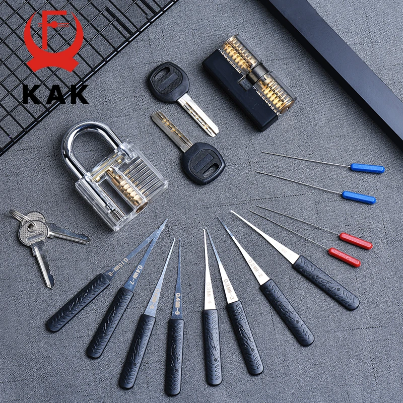 KAK Transparent Visible Pick Cutaway Practice Padlock Lock With Broken Key Removing Hook Kit Extractor Set Locksmith Wrench Tool
