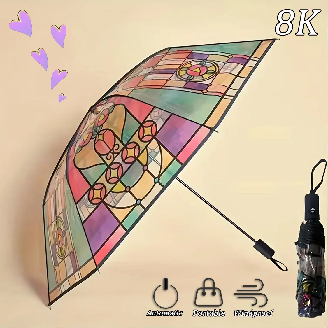 British Wind Rainforest Arch Transparent Umbrella Stained Glass Transparent Umbrella Long Handle Automatic Large Romantic Sunny