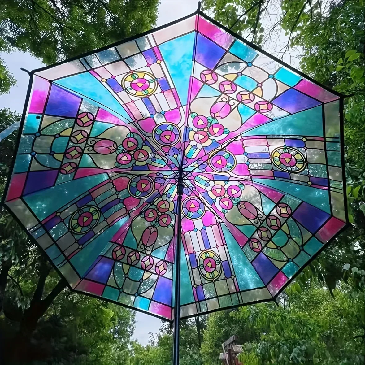 British Wind Rainforest Arch Transparent Umbrella Stained Glass Transparent Umbrella Long Handle Automatic Large Romantic Sunny