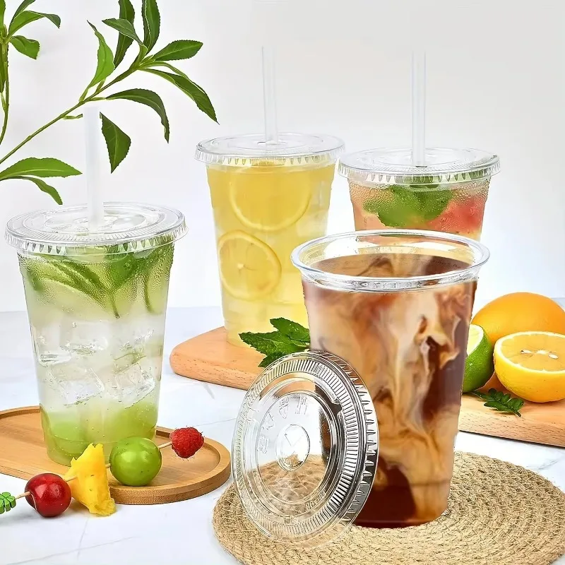 50PCS Clear Disposable Plastic Cups Flat Lids Drinking Cup for Party Wedding Ice Coffee Milkshakes Smoothies Cold Drinks