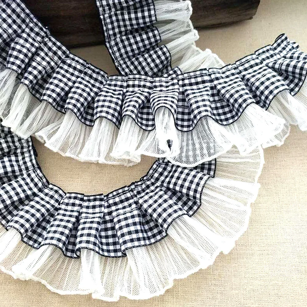 7CM Wide Plaid Pleated Cloth Tulle Lace Ruffle Ribbon Edge Trim For Collar Applique Sewing Guipure Supplies Sofa Curtain Diy