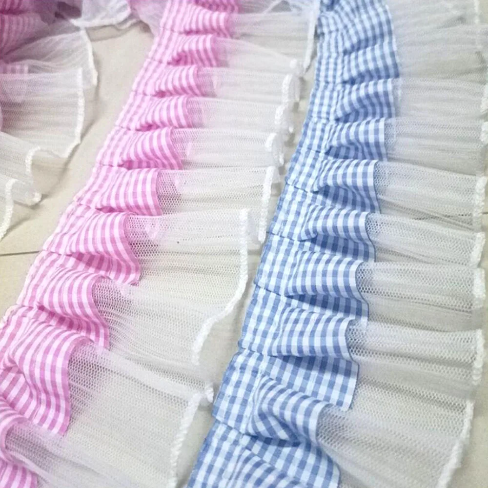 7CM Wide Plaid Pleated Cloth Tulle Lace Ruffle Ribbon Edge Trim For Collar Applique Sewing Guipure Supplies Sofa Curtain Diy